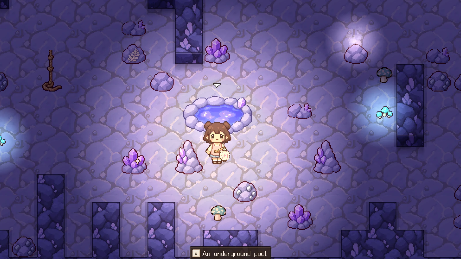 A dark cave floor of purple crystals, lit by the player’s lantern, with an underground pool