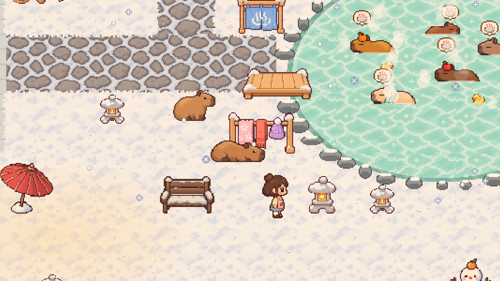 Capybaras soaking in a steaming outdoor hot spring in the snow