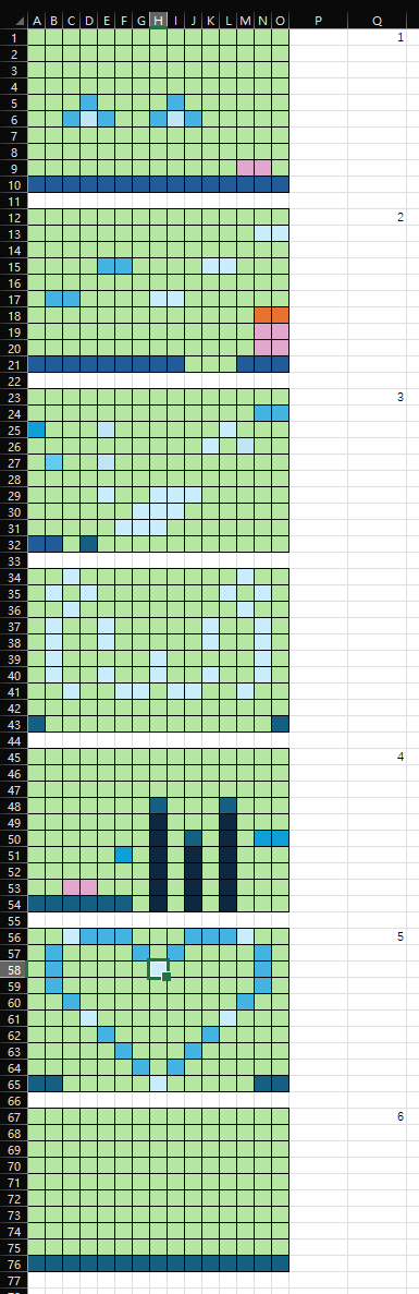 Seven level layouts drawn as colored cells in a spreadsheet, six of them numbered 1 to 6