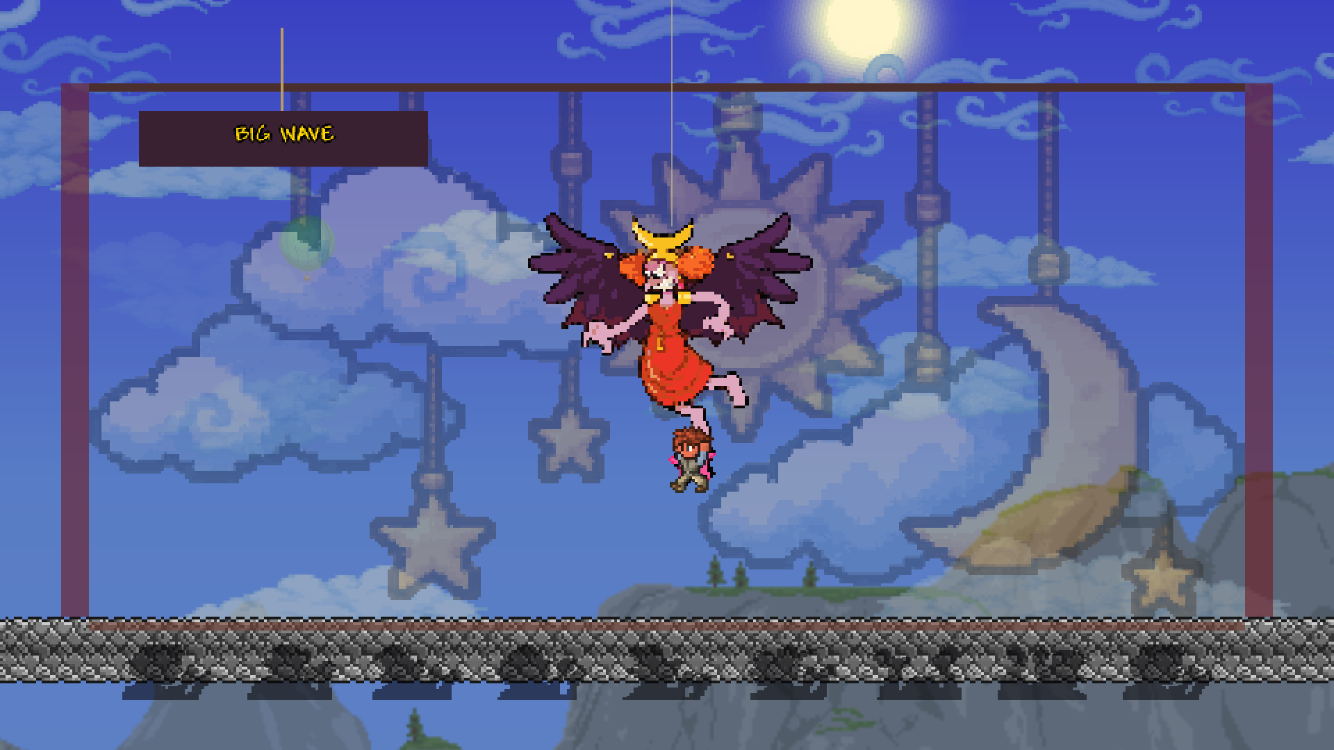 Sally Stageplay with wings, flying across a theater set of clouds, a sun and a crescent moon