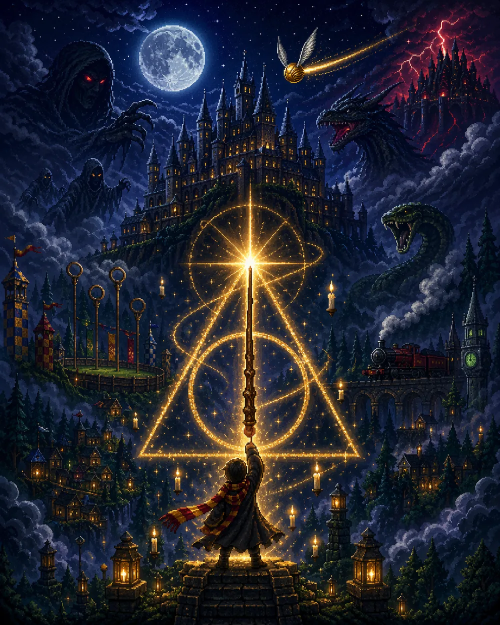 Vertical poster: a young wizard raising a wand under the Deathly Hallows symbol