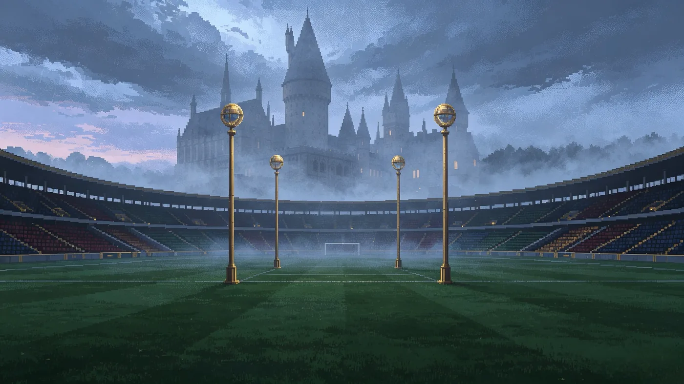 A Quidditch pitch with golden hoops under a stormy sky